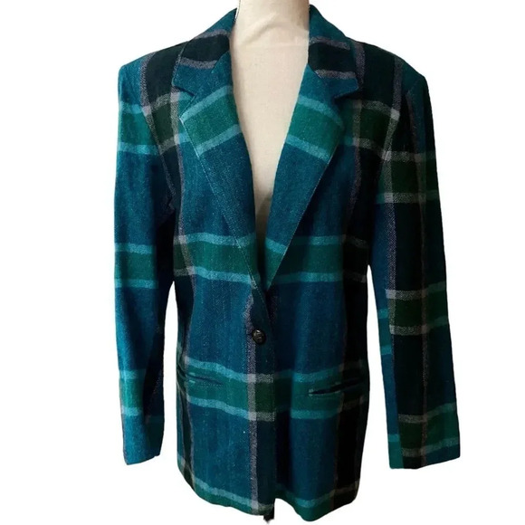 Vintage Adolfo International Wool Plaid Blazer Jacket Green Blue Check Size 10 - Picture 1 of 13